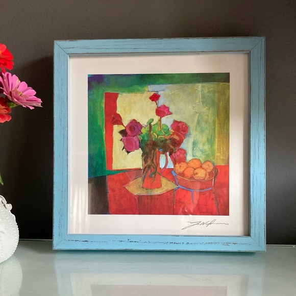 Colorful Floral Art Print in Blue Frame - Picture 1 of 6
